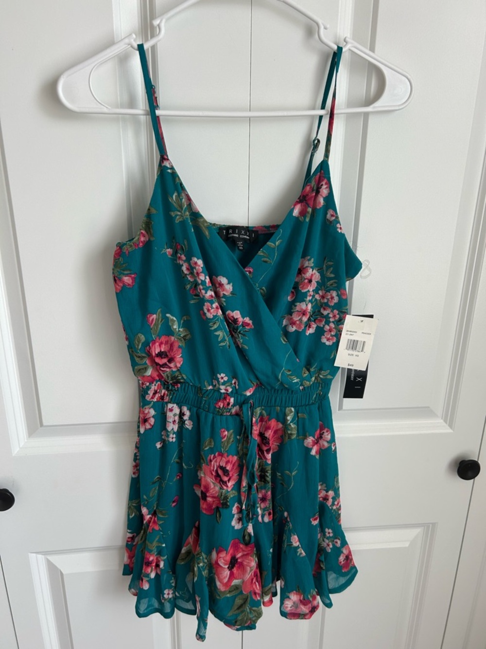 Trixxi Teal Floral Romper with Pink Blooms